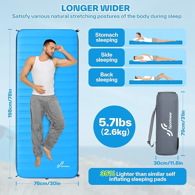 Sportneer Self Inflating Sleeping Pad, 4" Ultra-Thick Elasticity Foam Camping Mat with 10 R Value, 4-Season Insulated Durable Camping Pad Air Mattress for Car Travel Tent Home, 78" x 30"