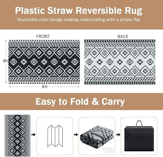 LILIOFFIC Outdoor Rug Waterproof 6x9 ft Outdoor Carpet Patio Rug Mat Reversible RV Camping Rug Plastic Straw Rug Outside Outdoor Area Rug for Patio Deck Balcony Backyard Picnic Beach
