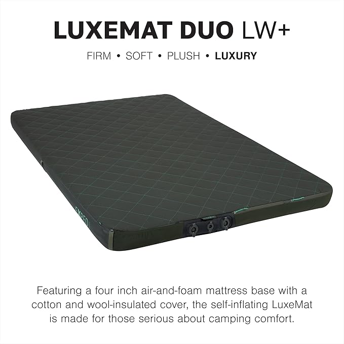 Exped LuxeMat Duo LW+ - Self Inflating Luxury Sleeping Mat, 4” Foam Pad, Pump Included