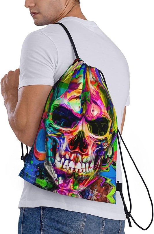Colorful Skull Drawstring Backpack, Halloween Drawstring Bag, Theme Party Masquerade Decorations Sack String Bag Cinch Waterproof Sackpack for Sport Gym
