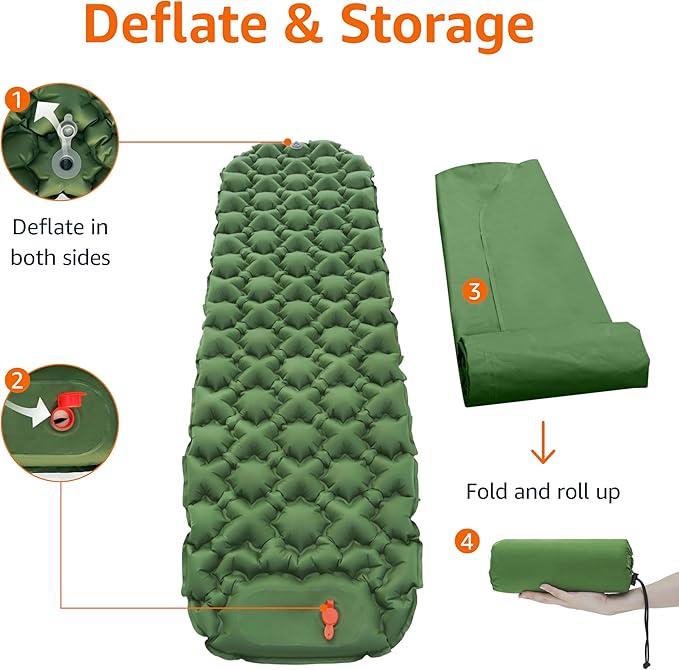 Amazon Basics Camping Sleeping Pad with Quick-Inflate Foot Pump, Water Resistant, Ultralight, Olive Green