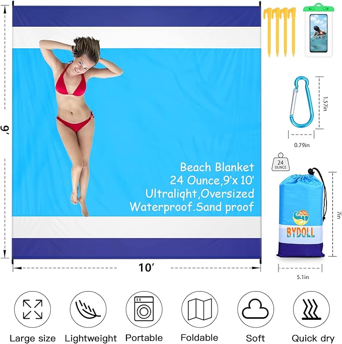 BYDOLL Beach Blanket 78''X81'' 4-7 Adults Oversized Lightweight Waterproof Sandproof Blanket for Beach Large Picnic Mat Travel Camping