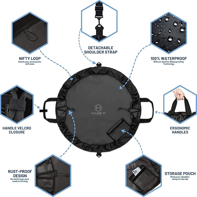 Hang 11 Wetsuit Changing Mat Bag - Surf Changing Mat with Shoulder Strap, Wetsuit Bag Waterproof, Keeps your Wet Suit & Car Clean, Surf Change Gear, Surfing Accessories, Surfing Gifts