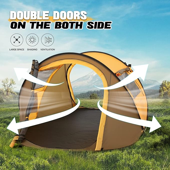 MoNiBloom Pop Up Tent 2 Person for Camping Waterproof Outdoor Easy Set Up Automatic Family Travel Tent, 2 Doors and Side Windows Instant Easy Popup Beach Tent with Carry Bag, Yellow
