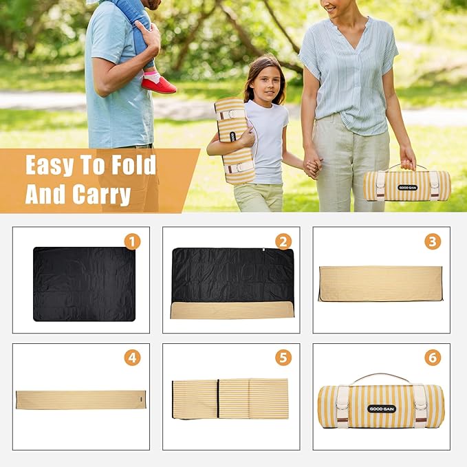 Picnic Outdoor Blankets Waterproof Extra Large - Beach Mat Sand Free Foldable with Carry Strap | Portable Camping Blanket | Park Blanket for Grass Park, Hiking, Travel, Concerts, Indoor (Yellow)