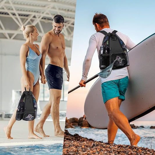 Swim Bag Beach Backpack with Padded Shoulder Strap Mesh Backpack with Wet Pocket for Swimming, Gym