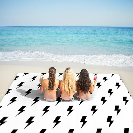 Beach Blanket Sandproof Waterproof, 110"×118" Extra Large Beach Mat, Portable Sand Free Picnic Blanket Oversized with 4 Stakes & Pockets for Travel, Outdoor Essentials, Black Lightning Simple Design