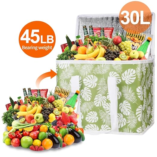 Bodaon 3-Pack Insulated Reusable Grocery Shopping Bags, X-Large Picnic Cooler Bag with Zipper Zippered Top Cold, Green-Leaf