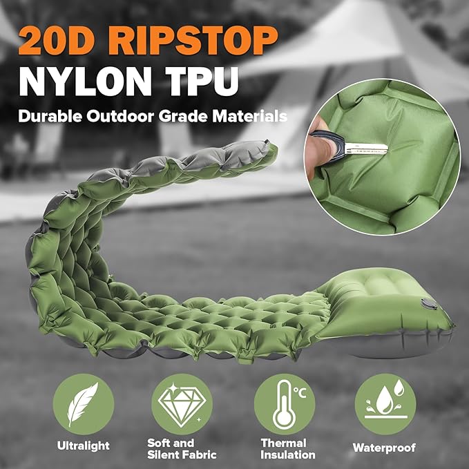 POWERLIX Camping Sleeping Pad with Built in Pillow, Ultralight Camping Mattress Airpad for Outdoor Backpacking Hiking Travelling, Compact Self Inflating Camping Mat, Foot Pump to Inflate