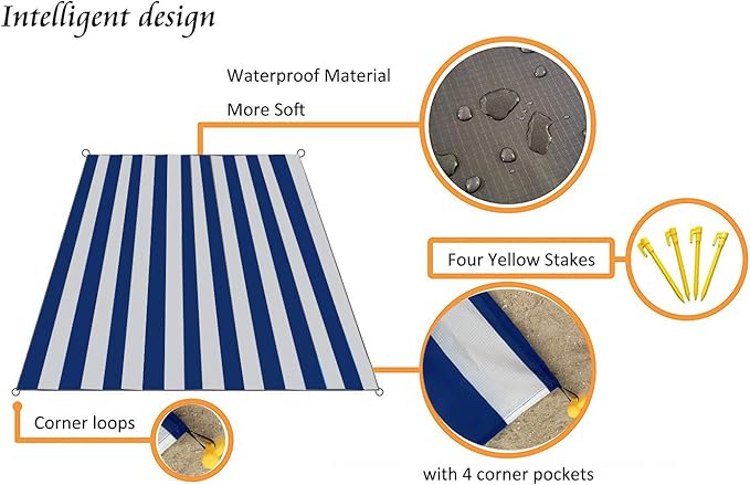 Outdoor Blanket (71" x 55") -Compact, Lightweight, Sand Proof Pocket Blanket Best Mat for The Beach, Hiking, Travel, Camping, Festivals with Pockets, Loops, Stakes, Carabiner