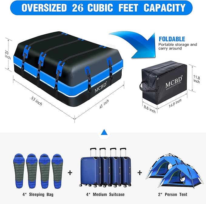 Rooftop Cargo Carrier, 26 Cubic Feet Soft-Shell Waterproof Car Roof Luggage Bag for All Vehicles SUV with/Without Rails, Includes 10 Reinforced Straps 6 Door Hooks Suitable, Storage Bag,Anti-Slip Mat