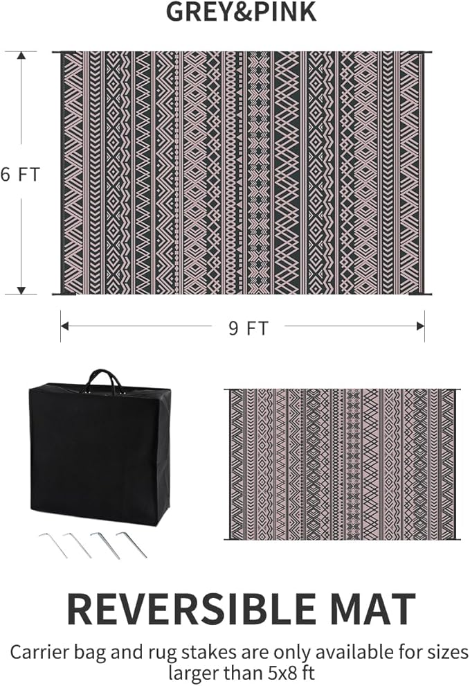 MontVoo Outdoor Rug Carpet Waterproof 6x9 Outdoor Patio Rug Mat Reverisble Plastic Straw Outdoor Rug for RV Camping Picnic Beach Balcony Boho Pink Grey