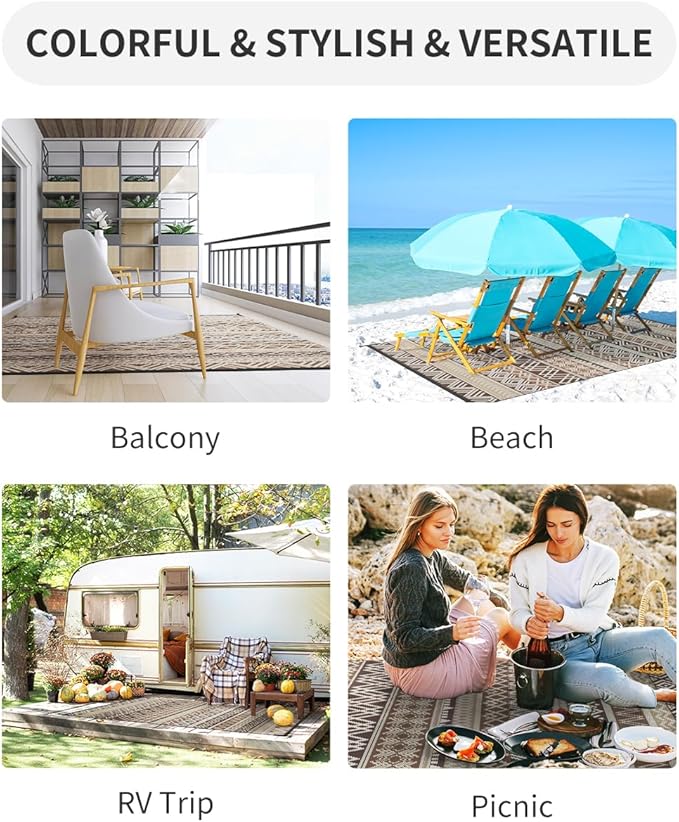 MontVoo Outdoor Rug Carpet Waterproof-Patio Rug Mat 5x8 Reversible RV Camping Rug Picnic Mat Plastic Straw Outside Rug for Balcony Porch Deck Beach-Boho Outdoor Area Rug for Patio Decor Colorful