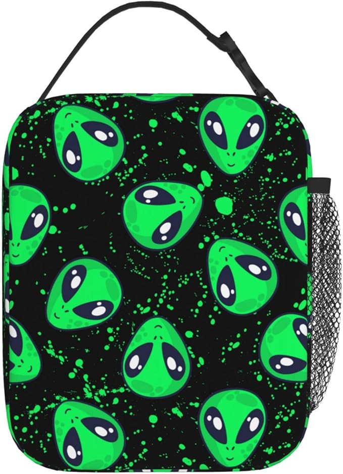 Green Alien Fun Insulated Lunch Bag Reusable Cooler Lunch Box Portable Leakproof Thermal Container Tote Bags for Girls Boys School Travel