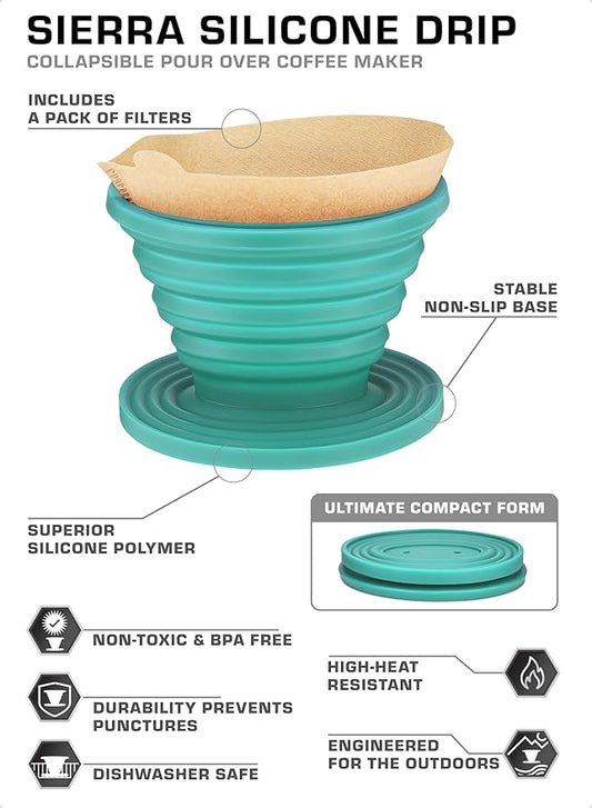 COLETTI Sierra Pour Over Coffee Dripper — Collapsible Pour Over Coffee Dripper — Includes Pack of Paper Filters [Teal, Pack of 1]