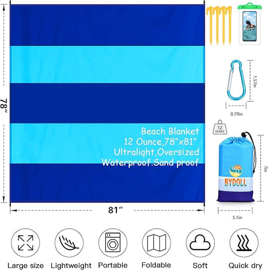 BYDOLL Beach Blanket Waterproof Sandproof 78''×81'' 1-7 Adults Oversized Lightweight Large Picnic Mat Waterproof Sandproof Blanket for Beach