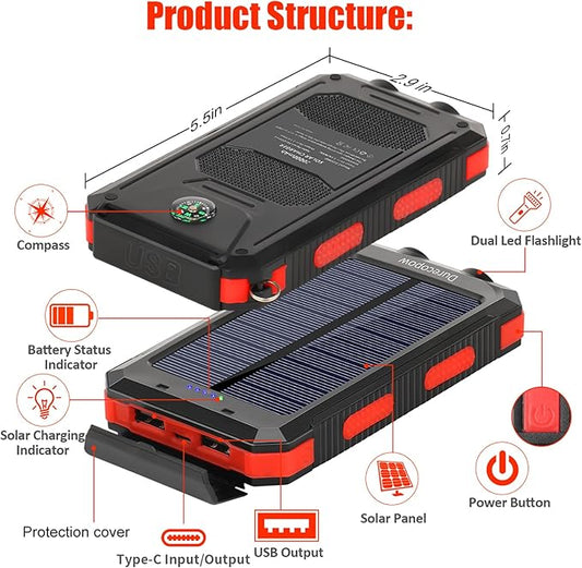 Solar Charger Power Bank, 20000mAh Portable Outdoor Waterproof Solar Battery Charger, Camping External Backup Battery Pack USB C Ports Input/Output, 2 Led Light Flashlight with Compass (Red)