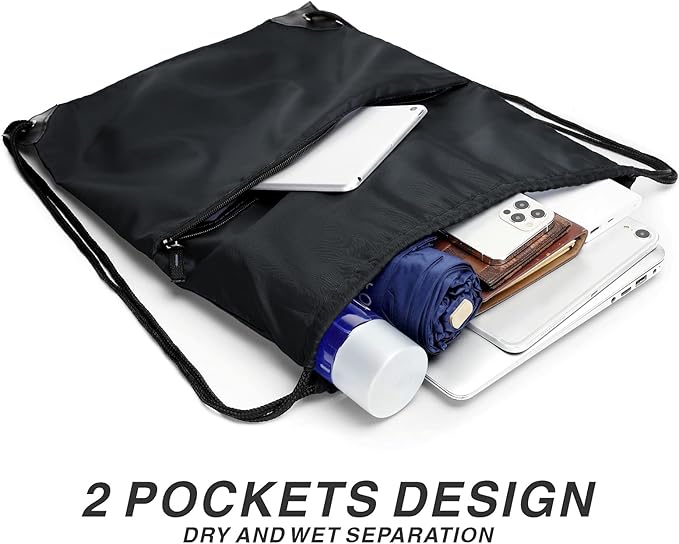 BuyAgain Drawstring Backpack Sports Water Resistant String Bag Sport Gym Sackpack for Women Men Large with Zipper, Black