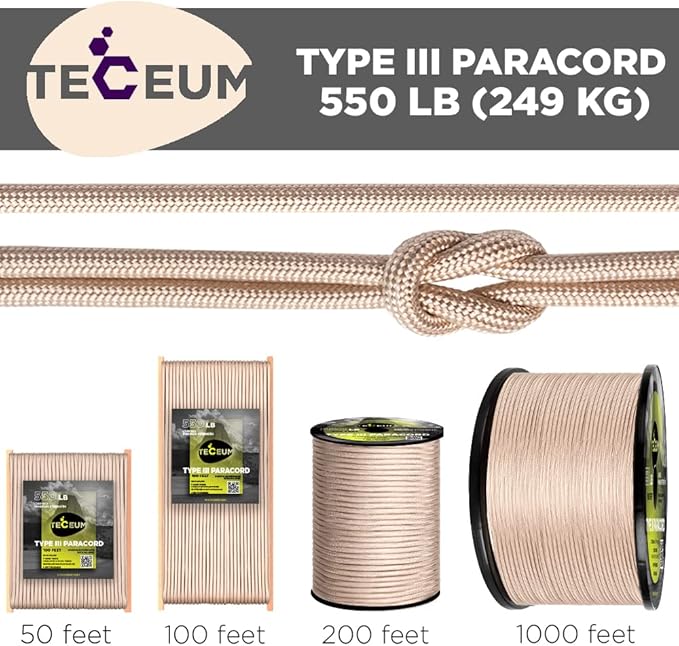 TECEUM Heavy Duty Rope 1000 – 1000ft / 200ft / 100ft / 50ft – 40+ Colors – Utility Rope for Survival & Camping Gear – Nylon String, Camping Rope, para Cord, Utility Nylon Rope, Tent Cord
