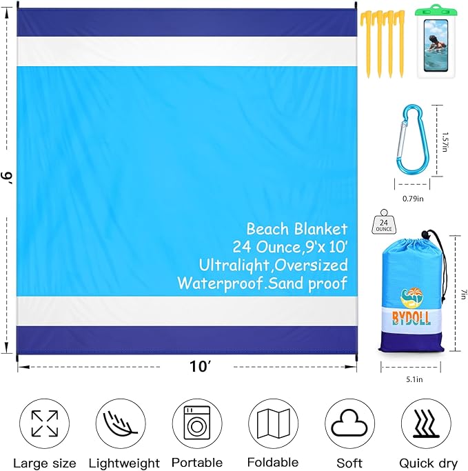 BYDOLL Beach Blanket Waterproof Sandproof 78''×81'' 1-7 Adults Oversized Lightweight Large Picnic Mat Waterproof Sandproof Blanket for Beach