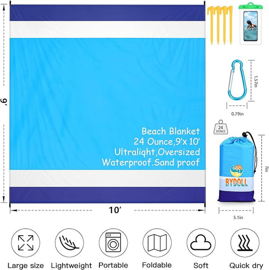 BYDOLL Beach Blanket Waterproof Sandproof 78''×81'' 1-7 Adults Oversized Lightweight Large Picnic Mat Waterproof Sandproof Blanket for Beach