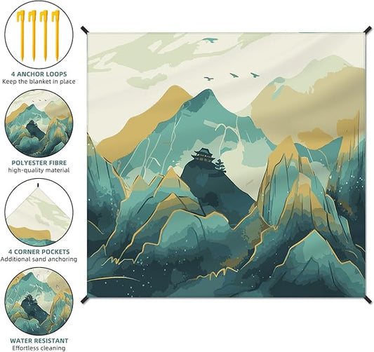 Beach Blanket Waterproof Sandproof Large Beach Mat 79" X 83" for 2-4 Adults Sand Free Mat Quick Drying,Lightweight & Durable with 4 Stakes & 4 Corner Pockets for Beach Travel Camping.(Mountain)