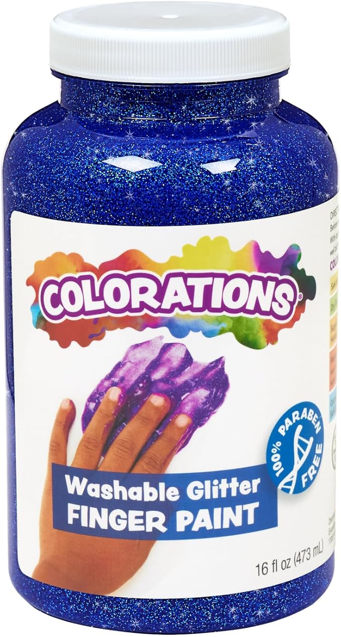 Colorations® Blue Washable Glitter Finger Paint, 16oz, Paint, Washable Finger Paint, Washable Finger Paint For Younger Kids & Toddlers, Non-Toxic and Washable, Great Sensory Paint Experience