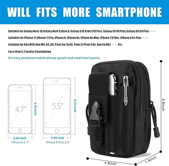 Tactical Molle Pouch, Universal EDC Waist Bag Pouches, Outdoor Belt Bags Gear Tool Gadget Pocket with Cell Phone Holster
