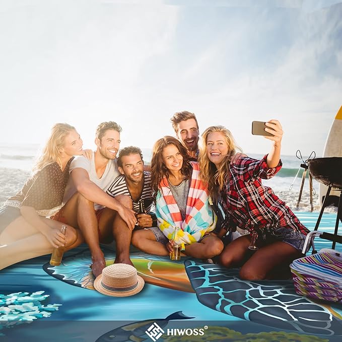 Beach Blanket Waterproof Sandproof Oversized 95”x 80”,Sand Free Beach Mat with Corner Pockets,Portable Mesh Bag for Beach Festival,Picnic,Travel and Outdoor Camping (Turtle Plus)