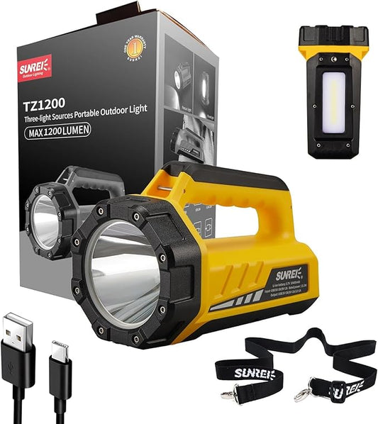 SUNREI Rechargeable LED 1200LM Flashlight, 8 Light Modes Portable Camping Lantern, 10400mAh Power Bank, IP67 Waterproof for Emergencies Power Outages, Hurricane Emergency, Hiking, Home, etc