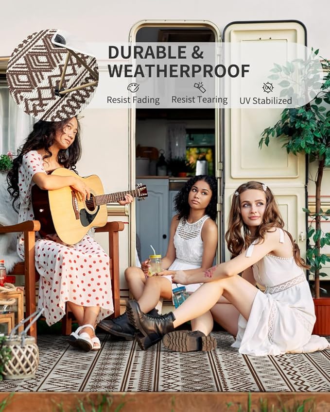 MontVoo Outdoor Rug Carpet Waterproof 5x8 Outdoor Patio Rug Mat Reverisble Plastic Straw Outdoor Rug for RV Camping Picnic Beach Balcony Boho Beige Brown