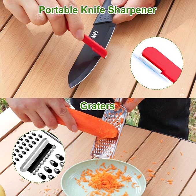 Camping Cooking Utensils Cookware Set for Outdoor - Hanging Organizer + Nonstick Wooden Spatula Kitchen Kit, Camping, RV & Campfire Essentials