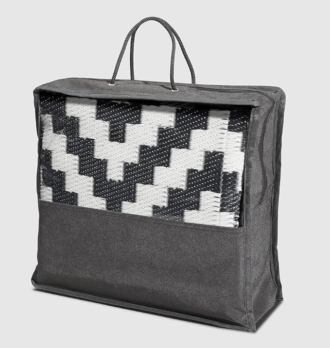 FH Home Outdoor Camping Rug - Waterproof, Fade Resistant, Reversible - Premium Recycled Plastic - Geometric - Picnic, Patio, Deck, Sunroom, RV - Aztec - Black & White - 4 x 6 ft Foldable