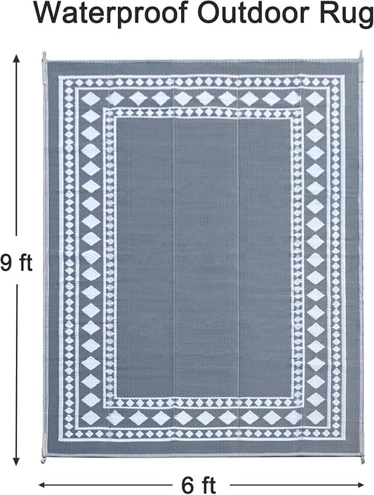 RURALITY Outdoor Rugs 6x9 Waterproof for Patios Clearance,Plastic Straw Mats for Backyard,Porch,Deck,Balcony,Grey and White