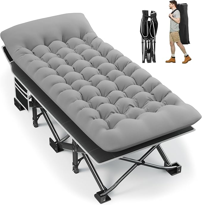 Portable Camping Cot, 32" Extra Wide Camping Cots for Adults with Thick Mattress, Heavy Duty Sleeping Cot Holds Up to 600LBS, Cots for Sleeping, Rv, Beach, Patio, Office Naps(Grey)