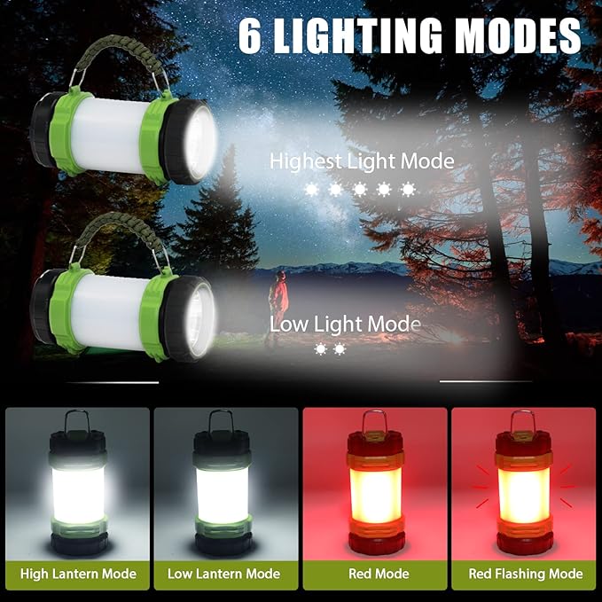 Camping Lantern Rechargeable LED Flashlight,6 Modes Torch,IPX4 Waterproof,Portable Light with Two-Way Hook and USB Cable for Camping, Hiking, Hurricane,Emergency,Outage