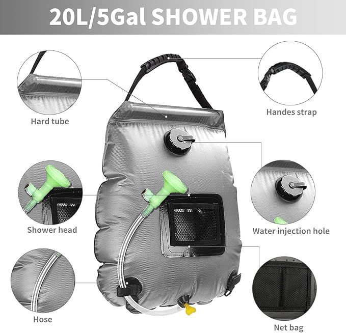 Solar Shower Bag, Solar Heating Camping Shower Bag, 5Gal(20L) Portable Camping Shower Bag, with Removable Hose and On-Off Switchable Shower Head, for Outdoor Traveling/Climbing/Hiking/Beach/Swimming