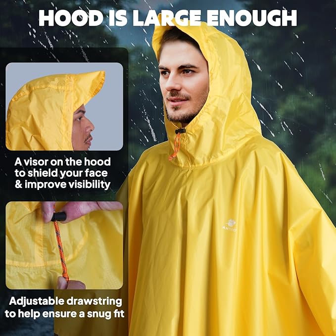 ANYOO Hooded Rain Poncho for Adults Waterproof Lightweight Rain Coat for Men Women Reusable Rain Jacket for Emergency Outdoor