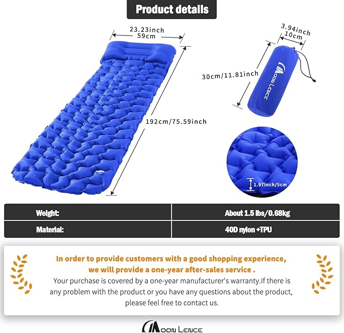 MOON LENCE Sleeping Pad for Camping, Inflatable Sleeping Mat Camping Mat with Pillow, Compact Ultralight Waterproof Camping Mattress for Backpacking, Hiking, Traveling (Azure)
