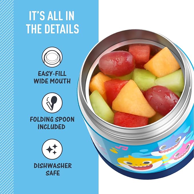 THERMOS FUNTAINER 10 Ounce Stainless Steel Vacuum Insulated Kids Food Jar with Spoon, BABY SHARK