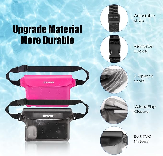 ECHTPower 2-Pack Waterproof Pouch Bag, Waterproof Fanny Pack, Waterproof Dry Bag with Adjustable Waist Strap for Beach Swimming Kayaking Floating Boating