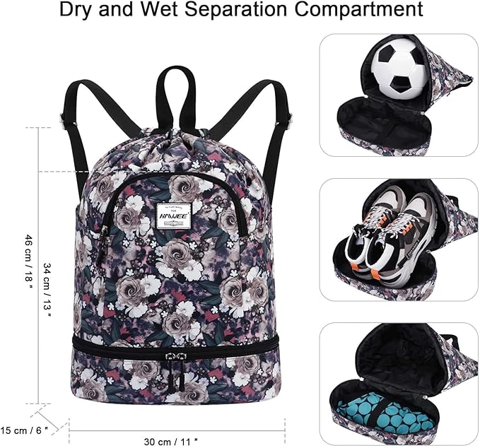Dry Wet Drawstring Backpack with Shoe Compartment for Women Adjustable Gym Bag