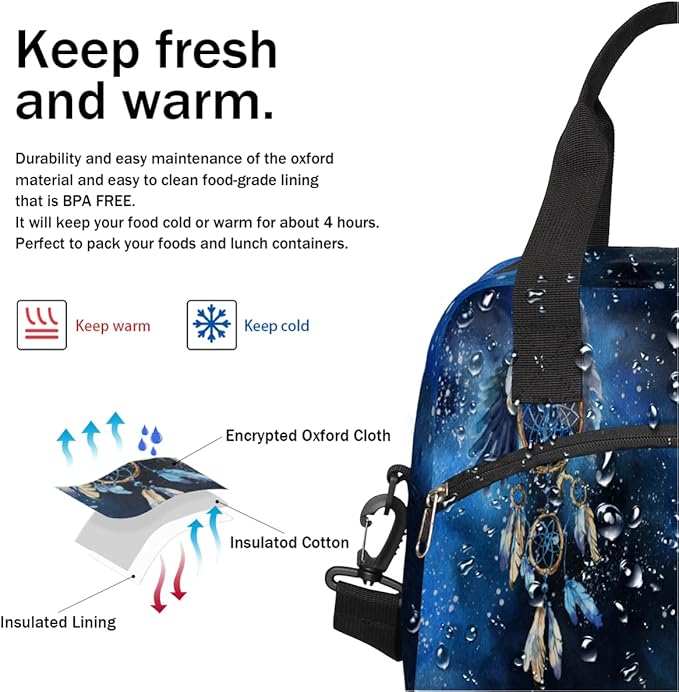 Blue Galaxy Watercolor Dream Catcher Insulated Lunch Bags for Women Men Adult Reusable Lunch Tote Therma Cooler Bag with Shoulder Strap Lunch Box for School Work Office Picnic Meal Prep Bag