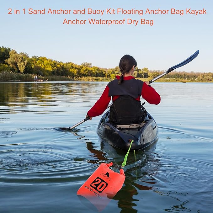 2 Set 20L Sand Anchor Heavy Duty Buoy Kit 2 in 1 Kayak Anchor Floating Waterproof Dry Bag with High Visibility Float Rope for Lake Beach Boat Hiking Camping Water Sports Surfing Kayaking(Orange)