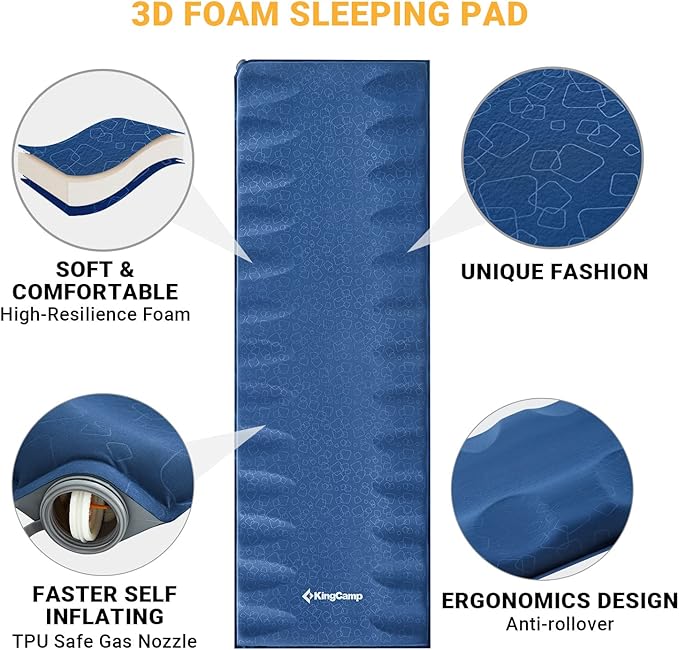 KingCamp Self Inflating Sleeping Pad 3D Inflatable Folding Sleeping Pad, Ultralight Camping Air Mattress Pad 2 Inch for Tent Hiking and Adults, Blue2