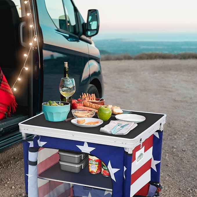EAGLE PEAK Outdoor Folding Camping Table with Large 3-Tier Storage Organizer and Side Pockets, Easy Set Up Portable Aluminum Camping Kitchen, American Flag