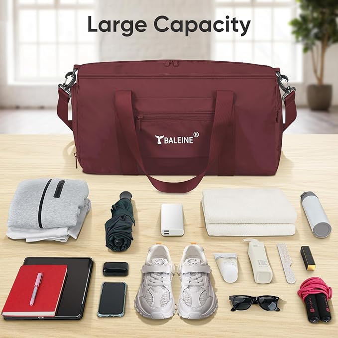 BALEINE Gym Bag for Women and Men, Small Duffel Bag for Sports, Gyms and Weekend Getaway, Waterproof Dufflebag with Shoe and Wet Clothes Compartments, Lightweight Carryon Gymbag (Red)