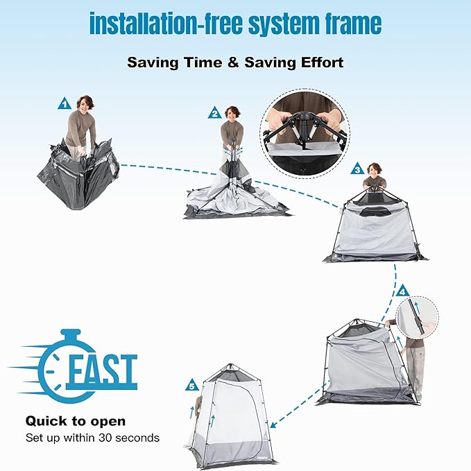 Portable Camping Shower Tent Deluxe Changing Room with Shower Bag Easy Set Up Privacy Shelter,Large Toilet Tent with Floor Drain Design for Beach,Camping,Hiking with Stakes and Ropes for Stability