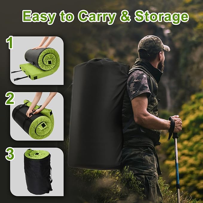 Memory Foam Camping Mattress pad, Comfortable Thick Floor Sleeping Mat for Adults with Waterproof and Non-Slip Bottom, Portable Roll Up Mattress for Sleepover Guest,Cot Mad for Car Camping