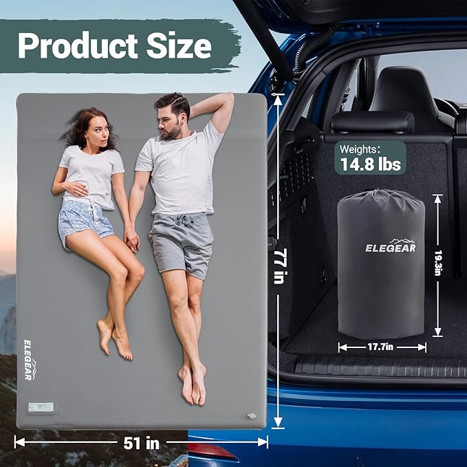 Elegear Self Inflating Sleeping Pad, Built-in Electric Pump 3.1" Ultra-Thick Memory Foam Camping Mattress Pad with Pillow Double Sleeping Pad for Camping R-Value 9.5 Foam Camp Pad for Car/Traveling